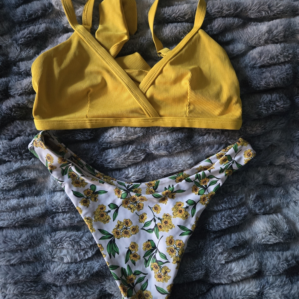 Yellow Bikini Top and Floral Bottom Set